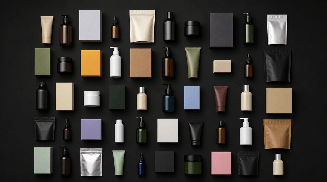Overhead flat-lay of many small product packages — bottles, boxes, pouches — arranged in a precise geometric grid on a m