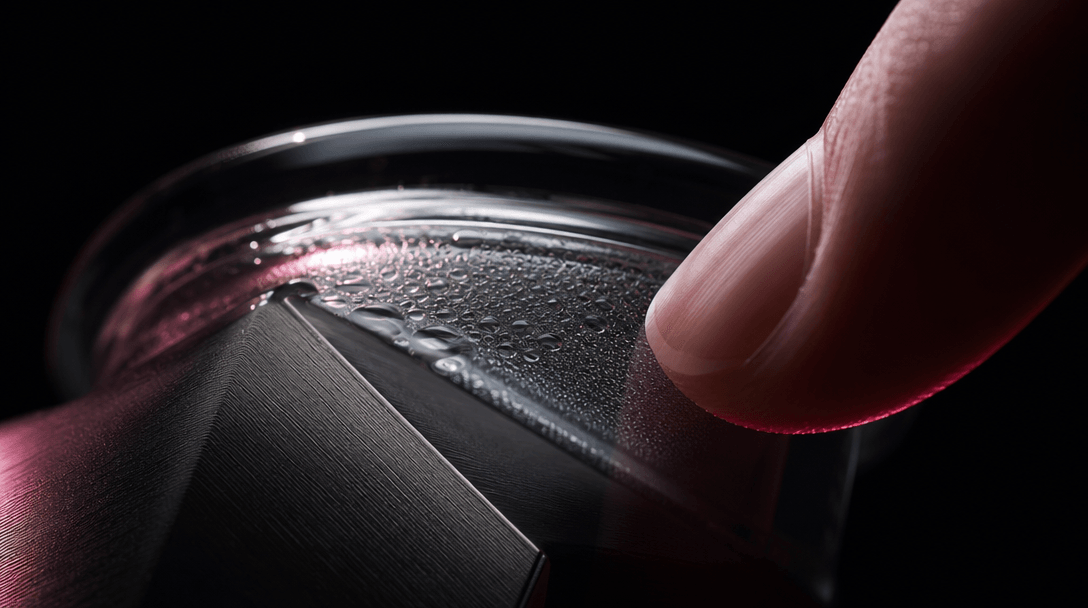 Extreme macro study of curved glass, condensation, brushed packaging material, and soft skin-toned fingertips interactin
