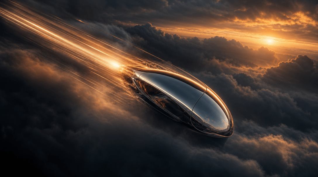 An abstract polished metal product form moving through layered clouds, with long directional light trails communicating 