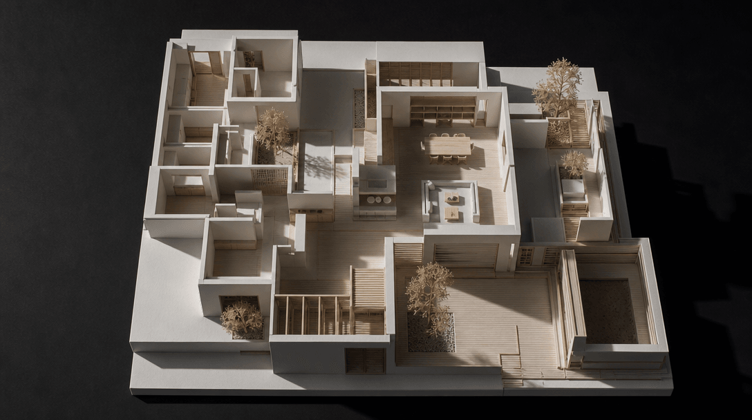 Overhead aerial view of a detailed architectural interior model — rooms, corridors, and open-plan living areas in matte 