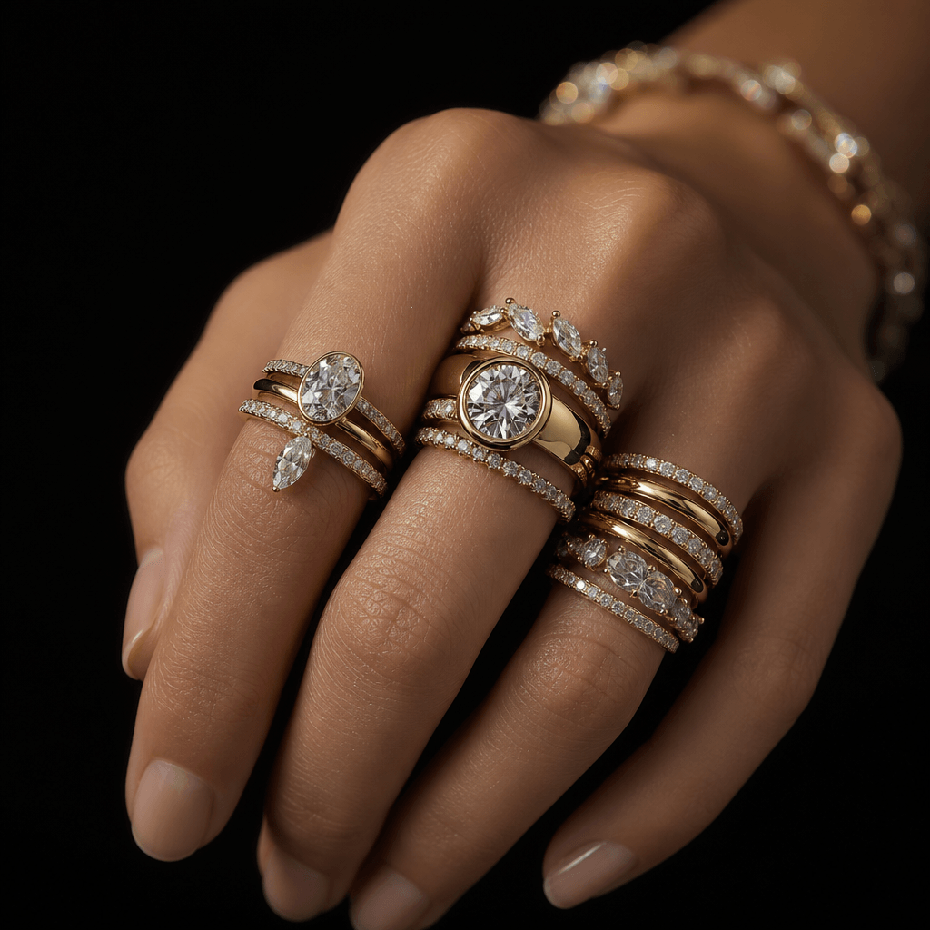 Model's hand with bare elegant fingers wearing stacked gold and pavé diamond rings, deep black background, macro depth-o