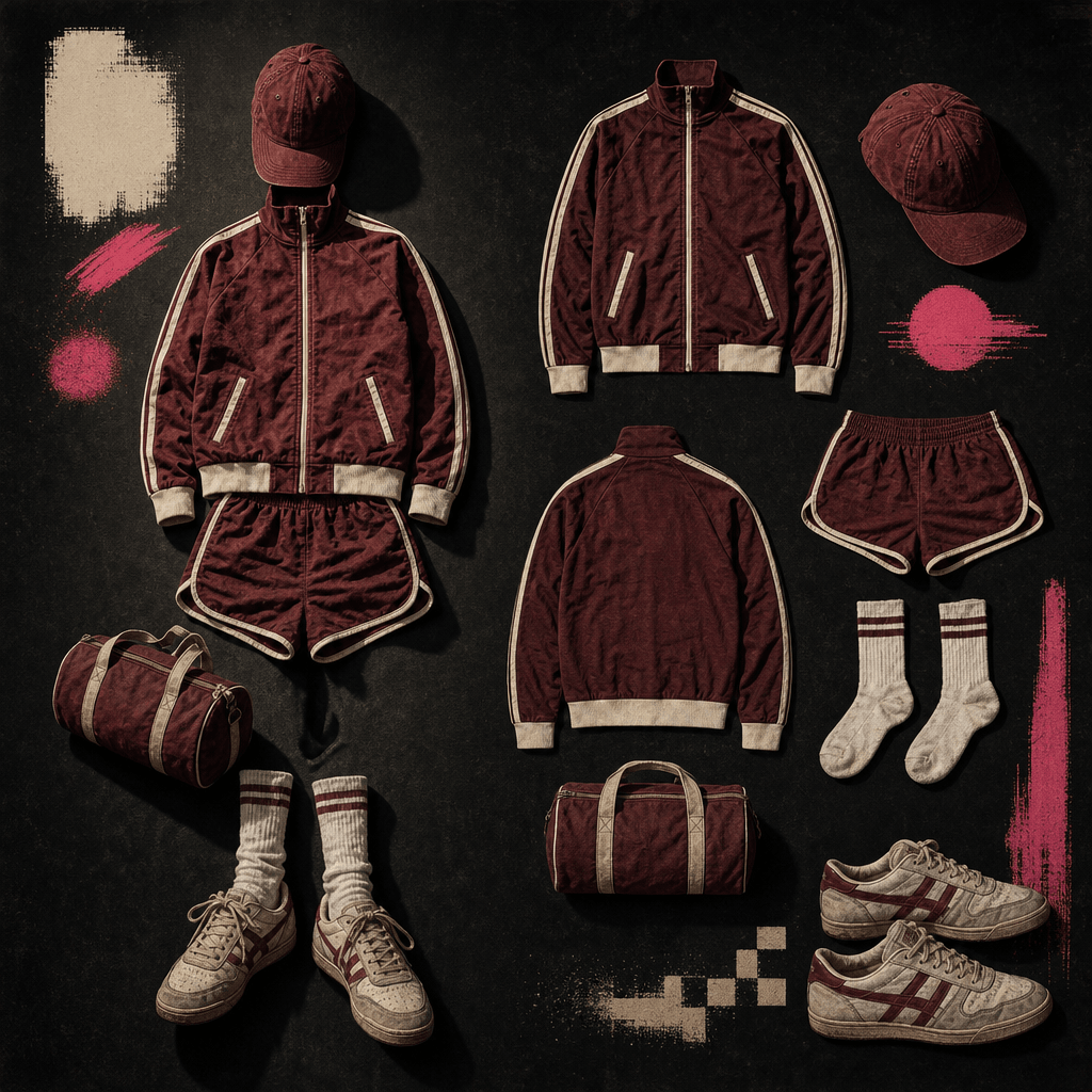 A square retro fashion board centered on a vintage athletic outfit: burgundy track jacket, matching shorts, white socks,