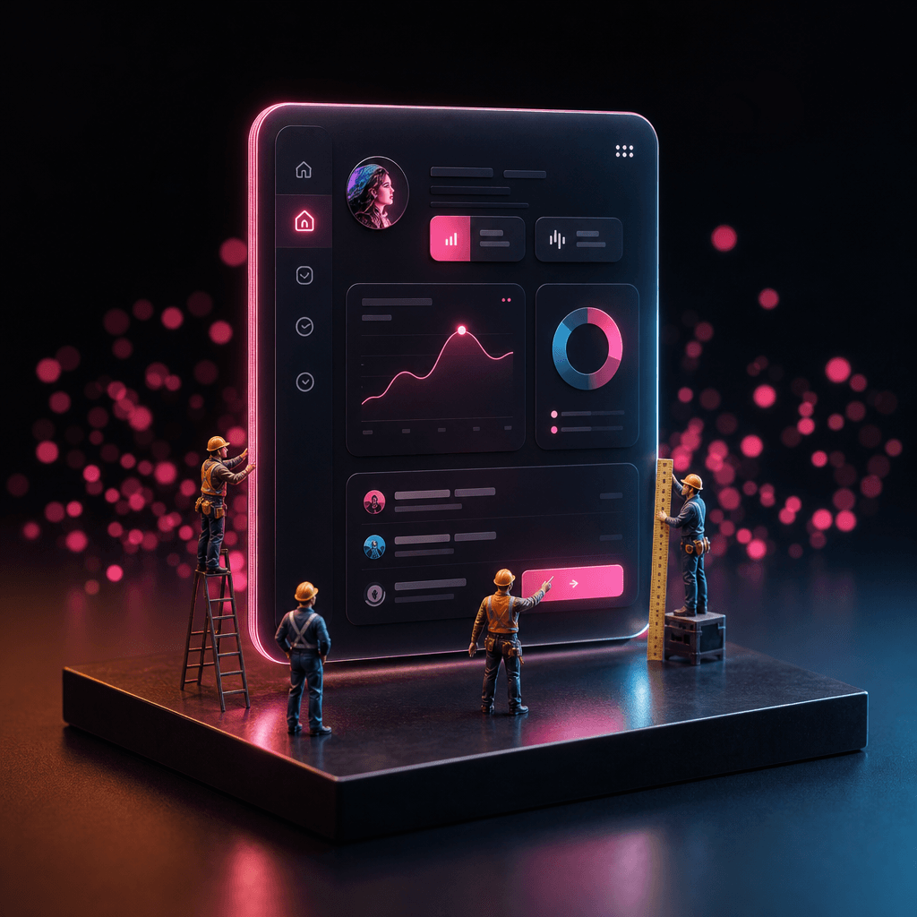 Square-format dark editorial product ad. A mobile app interface displayed on a floating luminous panel. Several tiny fig