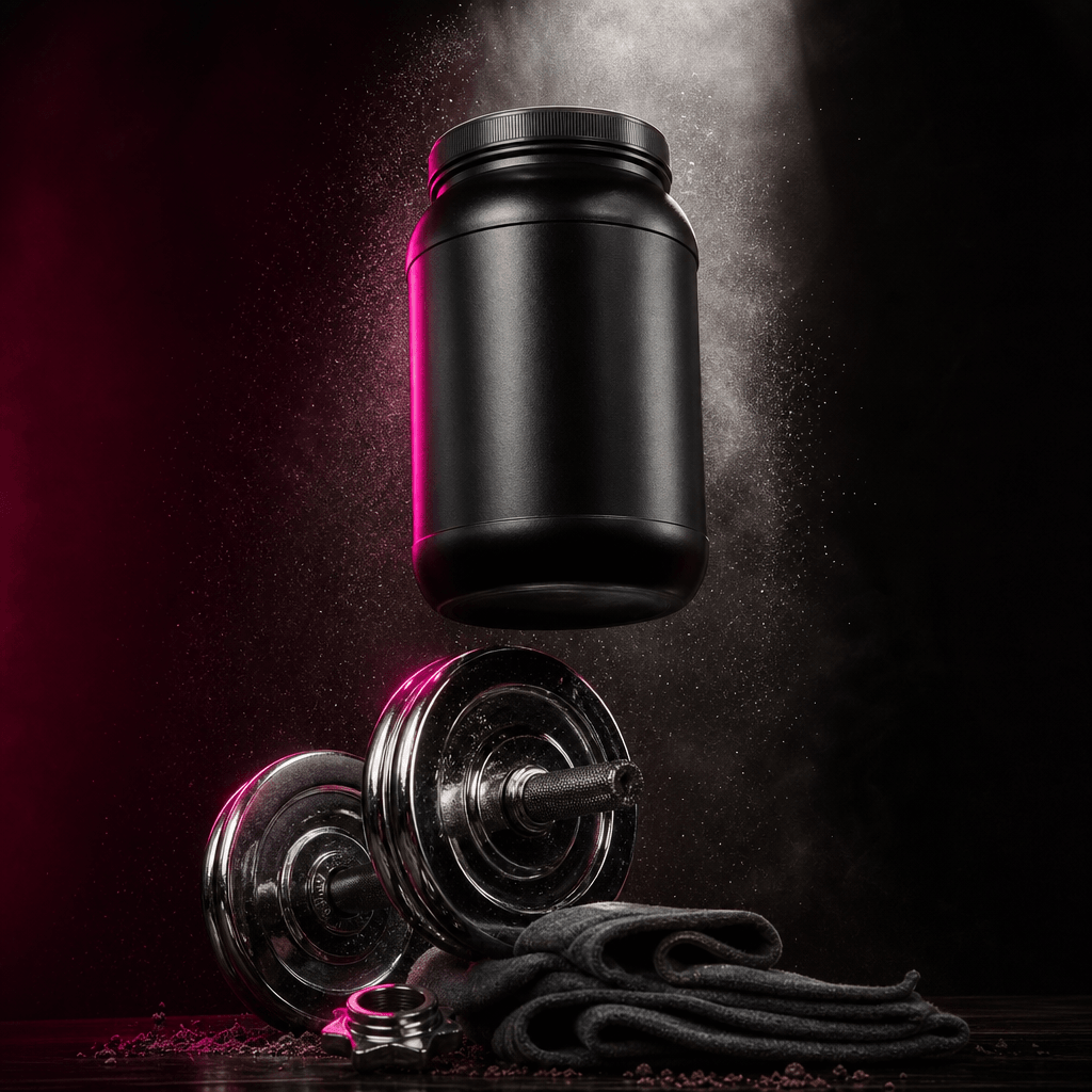 A black protein powder tub resting in an impossible equilibrium above chrome fitness weights and folded charcoal fabric.