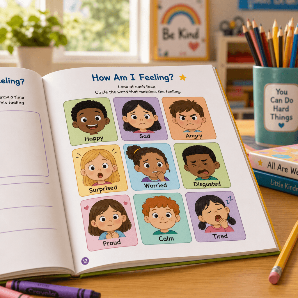 Child's learning workbook open with a printed 3x3 emotion grid displayed, bright classroom desk with natural morning lig