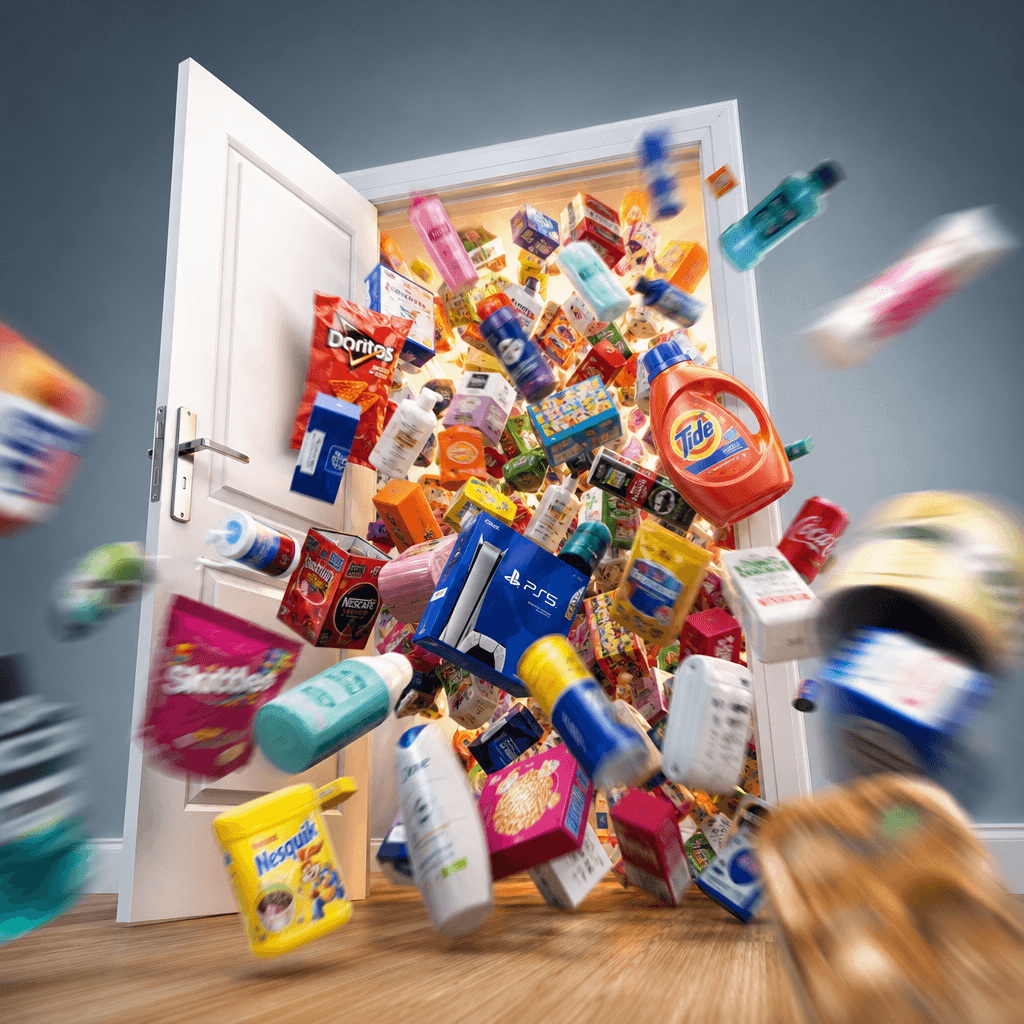 Multiple colorful products pouring out of an opening door in a cascade, motion blur effect, dynamic composition, bright 