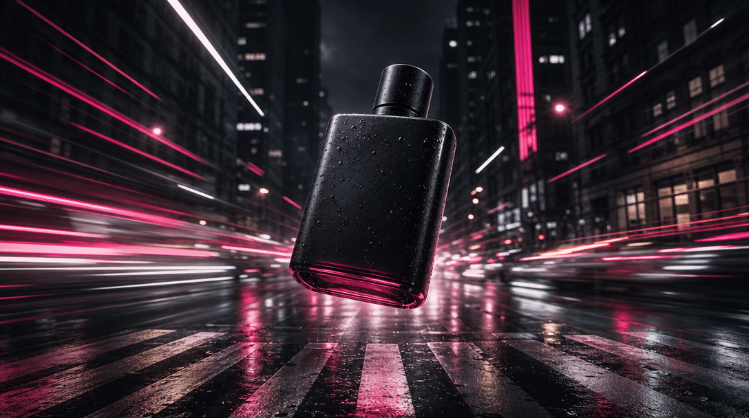 A product suspended above a rain-slick city crosswalk with long directional streaks of light rushing around it, visualiz