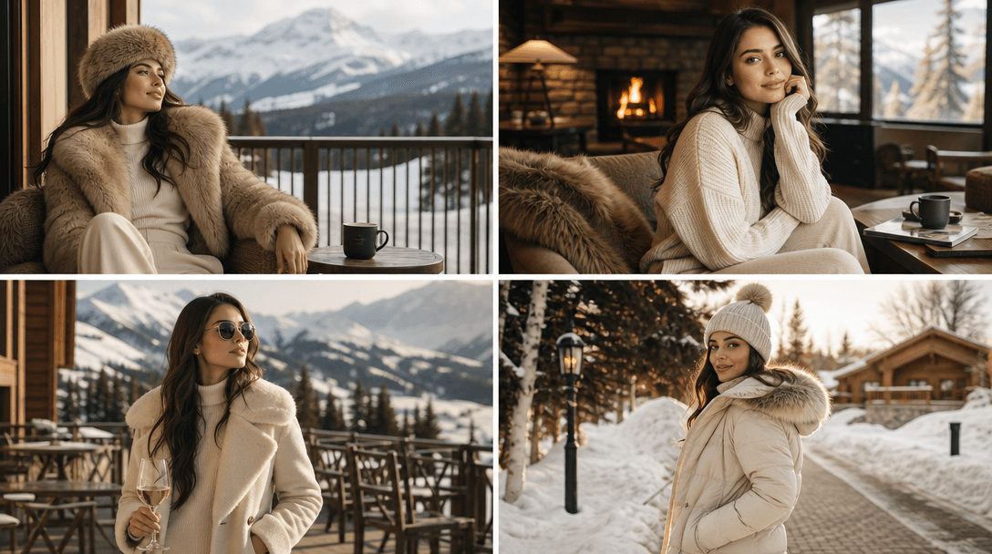 Four finished photoshoot images displayed in grid layout, winter resort theme, professional portfolio presentation, warm