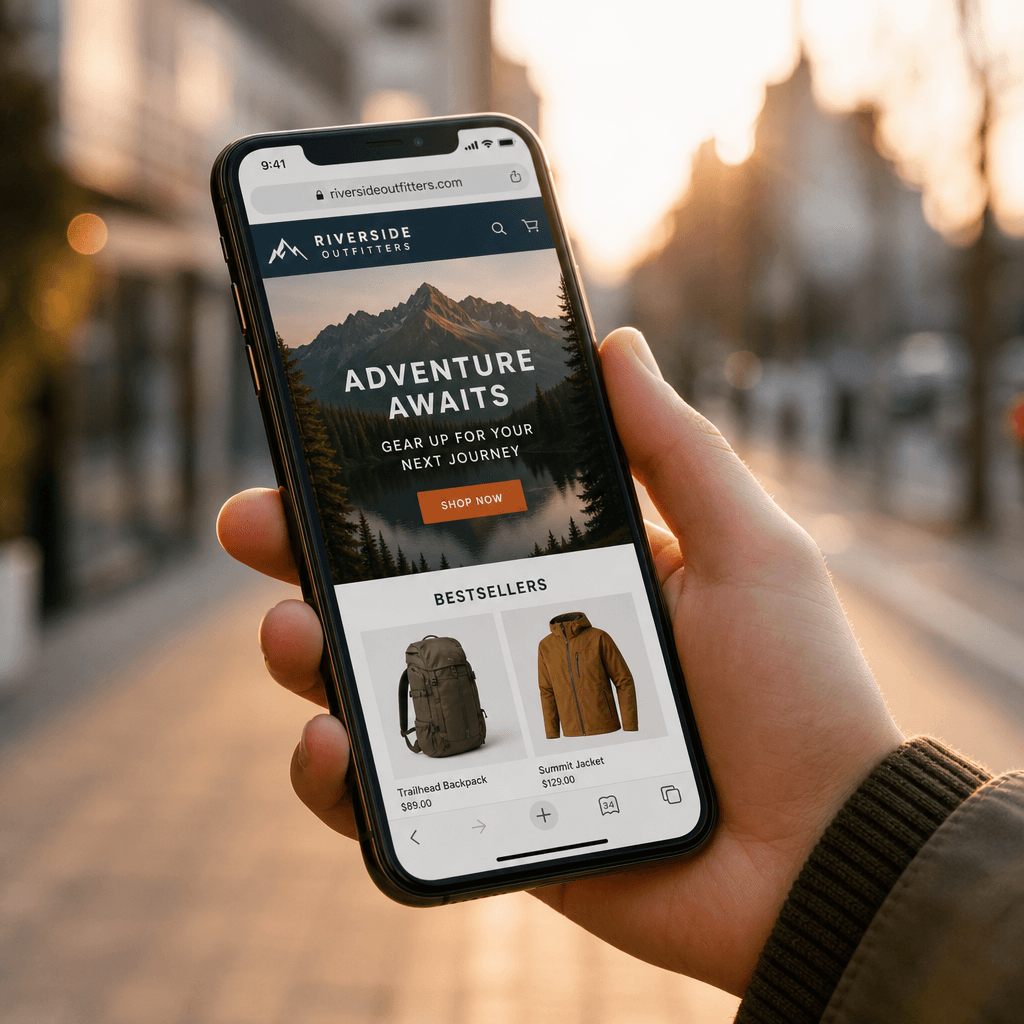 Smartphone screen showing mobile web interface, held in hand outdoors with blurred urban background. Editorial lifestyle