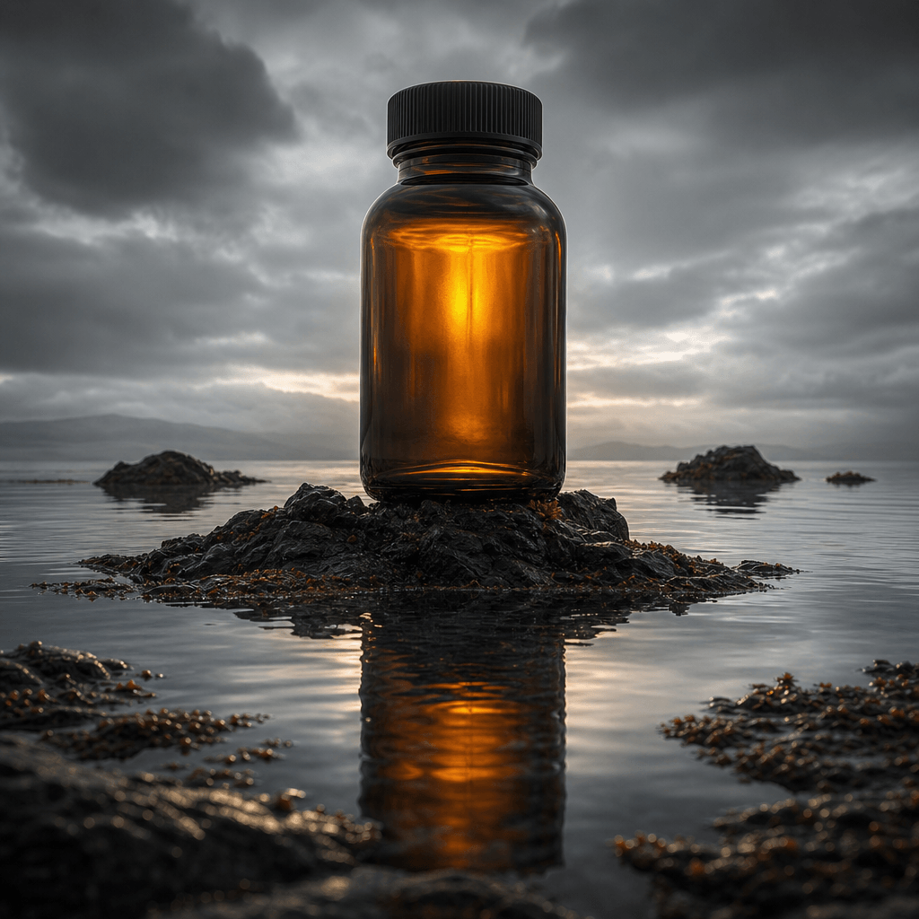 A monumental amber wellness bottle resting in a glassy sea beneath an overcast sky, tiny rocky forms and water channels 