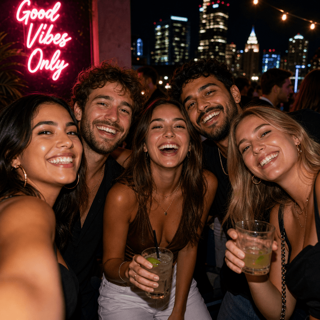 A vibrant portrait of a group of friends enjoying a night out, captured in a lively setting. The image should reflect jo