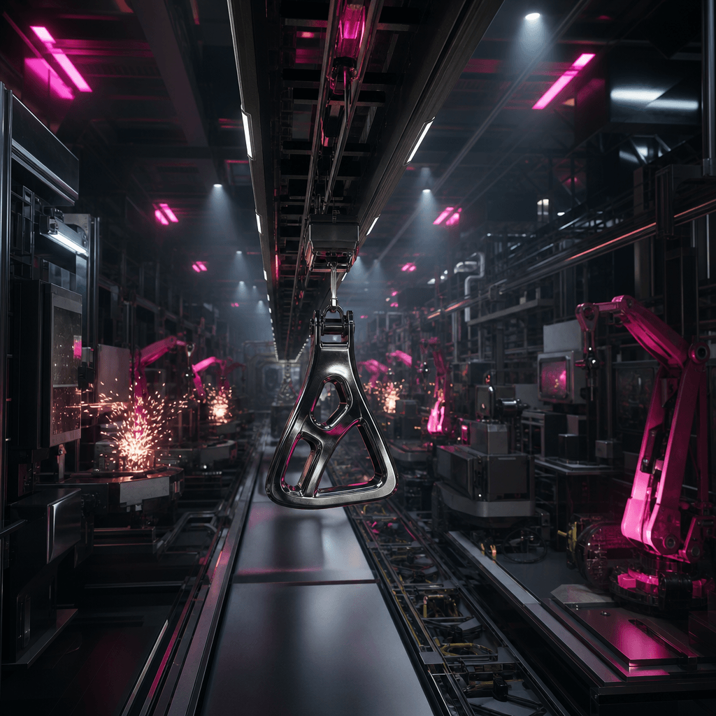 Premium metal accessory traveling through a vast automated assembly hall, overhead rails, precision machining, controlle