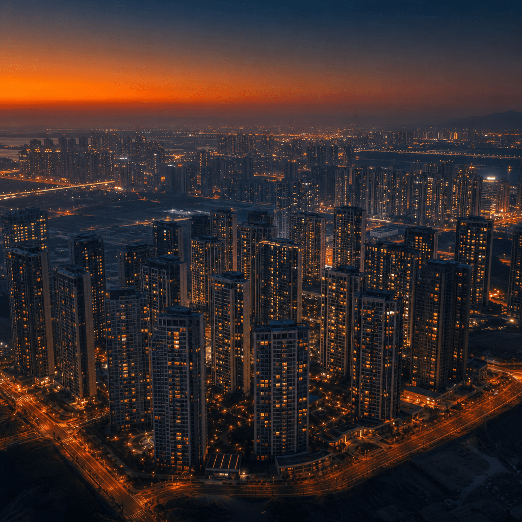 Aerial view of a residential tower cluster at dusk, sky transitioning from deep orange at the horizon to dark navy overh