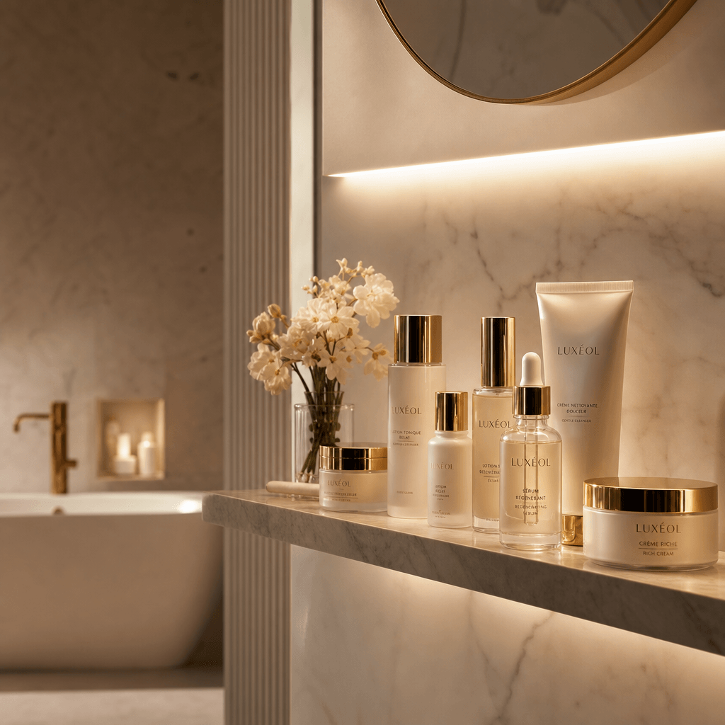 Luxury bathroom scene with cosmetics displayed on floating shelf. Soft warm ambient lighting. Professional beauty produc
