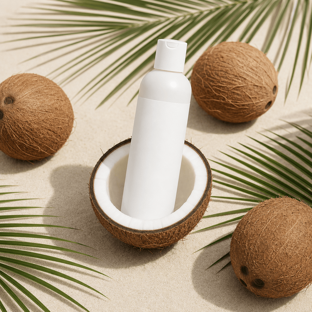 A shampoo bottle with a clean white minimal label stands upright inside a coconut half resting on a sandy beige surface.