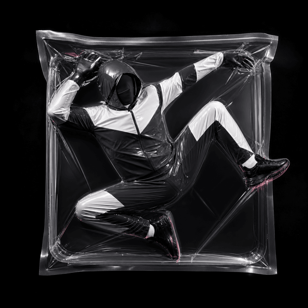 A playful anonymous athlete in a bold monochrome tracksuit sealed inside a transparent square vacuum package, limbs arra