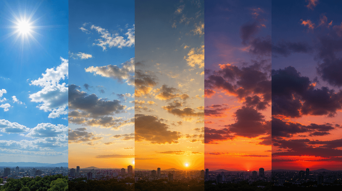Time-lapse-like sky transitions from bright blue to golden hour to warm sunset colors, clouds passing naturally, dynamic