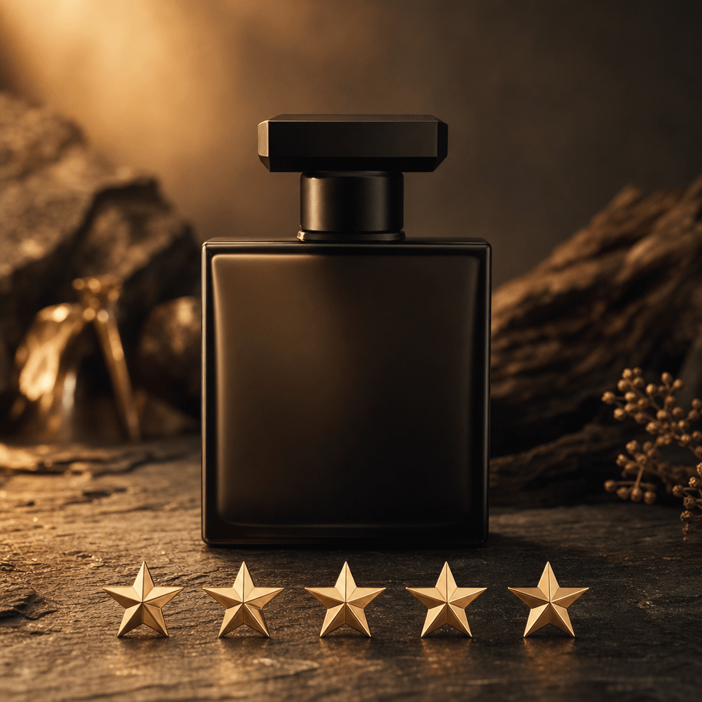 Studio ecommerce hero shot: a matte black glass perfume bottle centered on a warm dark slate surface. Soft golden direct