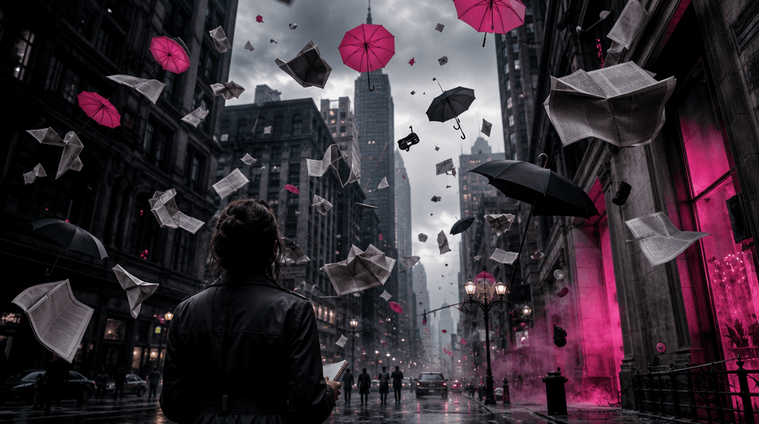 A surreal fictional headline visualized as a city street where gravity has reversed for umbrellas, newspapers without re