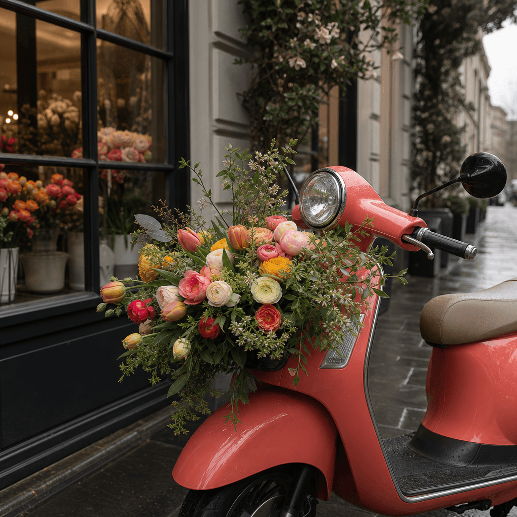 A bright spring bouquet of tulips, ranunculus, and greenery attached to a coral delivery scooter outside a refined neigh