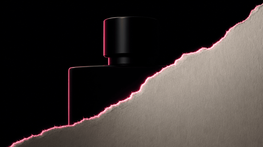 Abstract editorial composition: a product silhouette partially obscured by a torn paper layer. The paper's torn edge is 