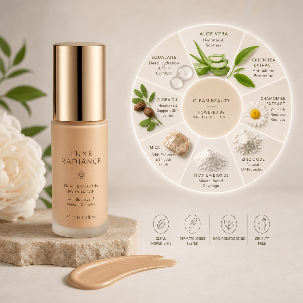 Cosmetic foundation or concealer with a digital ingredient wheel infographic floating nearby, showing botanical and mine