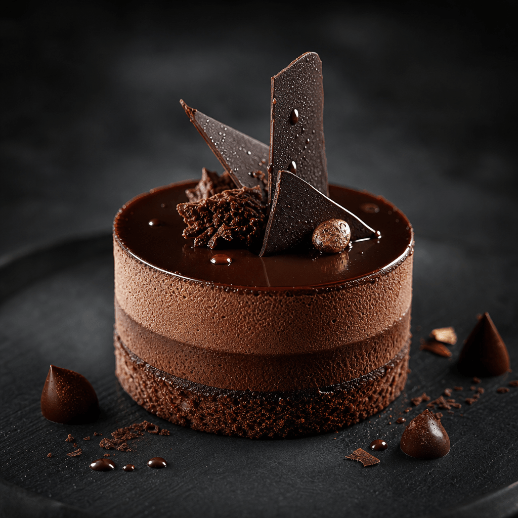 AI-generated premium food photography: a gourmet dark chocolate layered dessert on a matte slate plate, dark moody backg
