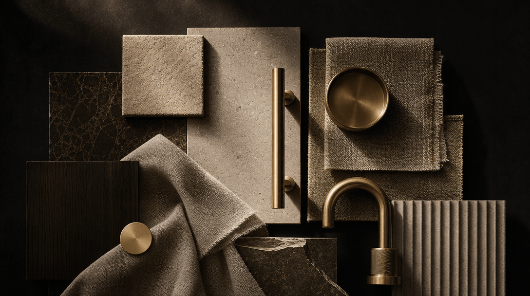 Editorial arrangement of interior design material samples — stone tiles, linen swatches, brushed brass fittings — lit by