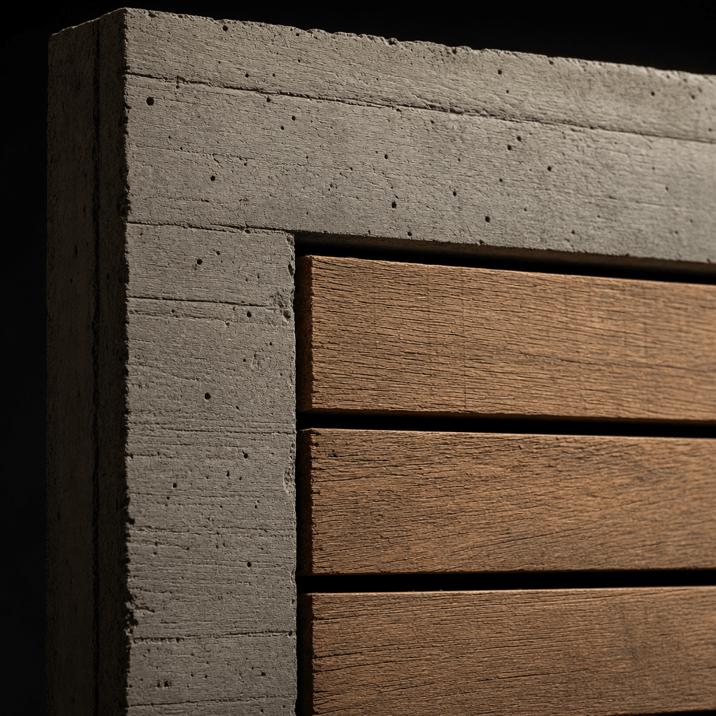 Close-up architectural material study. A section of rough board-formed concrete wall panel with inset horizontal timber 