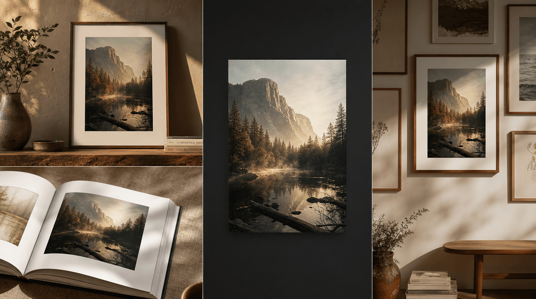 Versatile applications montage aesthetic. Subtle background showing multiple contexts: printed frame on shelf, photo boo