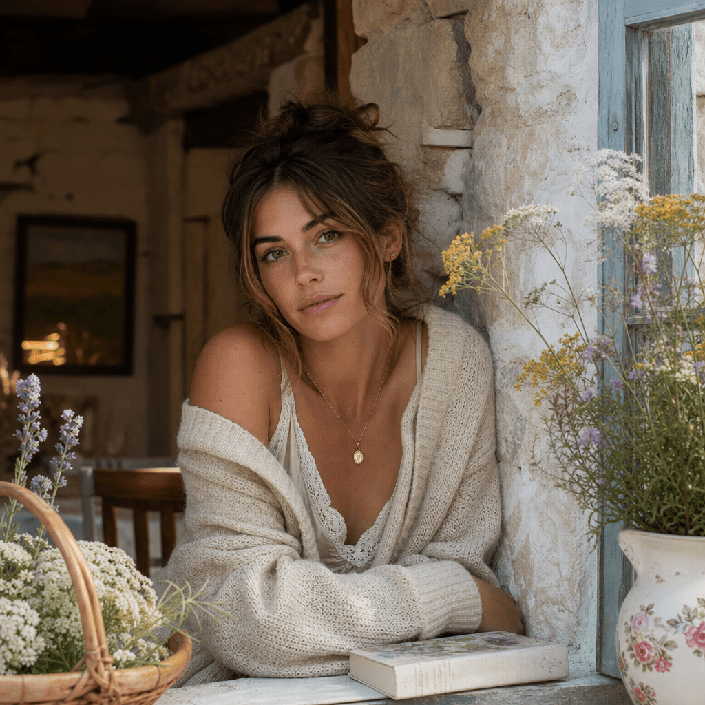Woman in cozy village cottage setting, warm natural light, rustic background with flowers, editorial photoshoot quality,