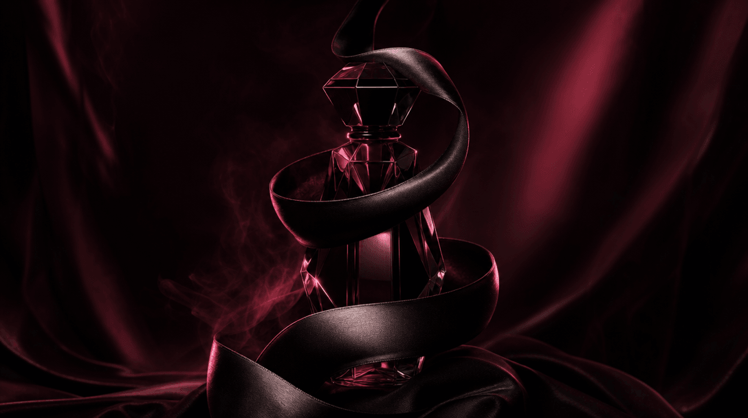 An abstract serpent-like ribbon of black satin curling around a faceted crystal bottle silhouette, dark editorial enviro