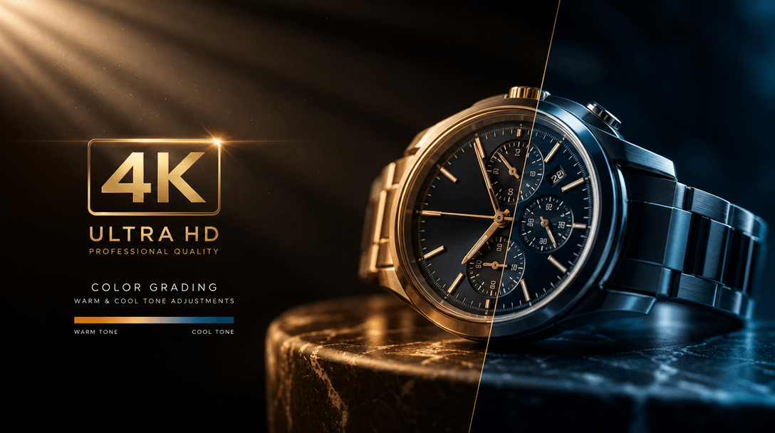 4K resolution indicator with light-ray effects suggesting professional broadcast quality. Color grading visualization sh