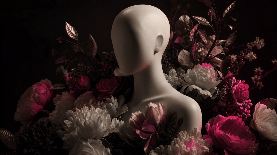 An abstract portrait concept represented by a smooth faceless ivory bust emerging from dense flower petals, with the bot