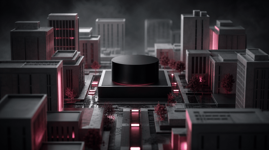 A curated arrangement of miniature city blocks surrounding a central matte-black product pedestal, photographed like an 