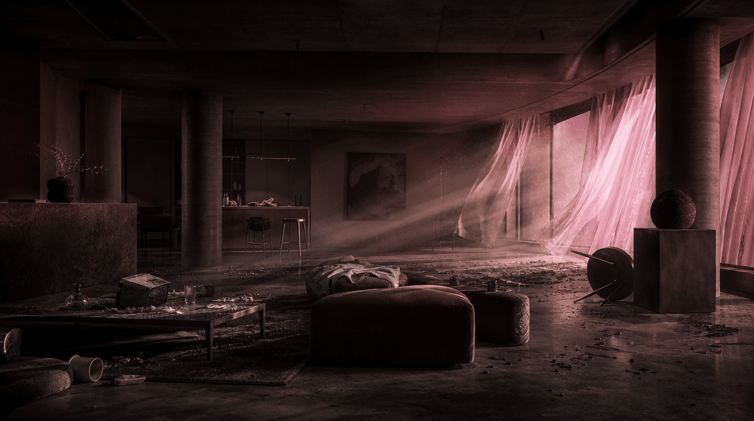 An empty designer apartment set moments after a theatrical practical-effects event, furniture shifted, curtains flowing,