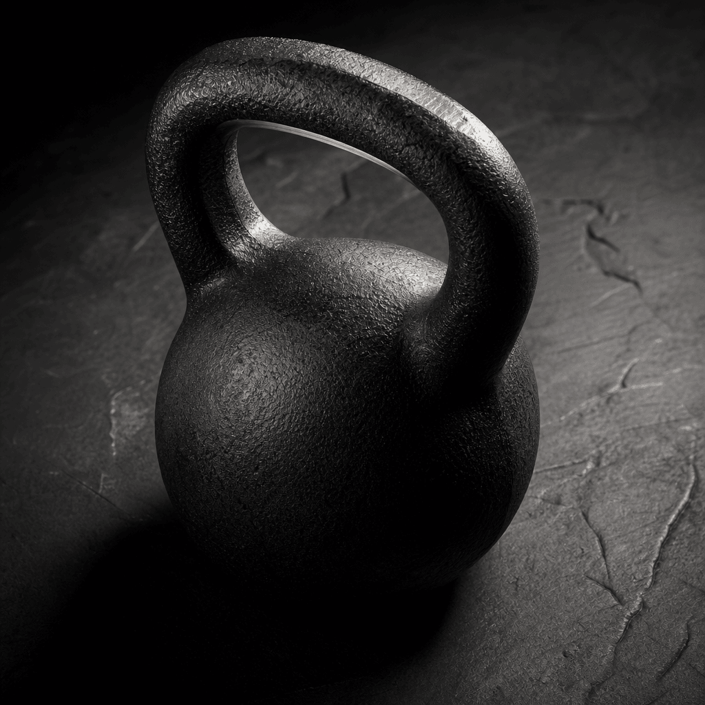 A cast-iron kettlebell photographed from a low diagonal angle on a dark slate surface. Dramatic single-source overhead l