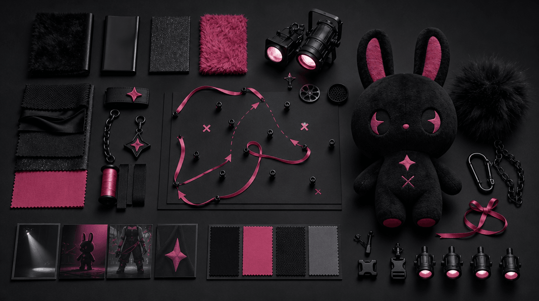 An abstract preproduction concept represented by neatly arranged product reference objects, fabric swatches, miniature s