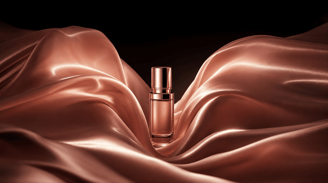 An abstract landscape of blush silk folding into a heart-like valley around a small premium beauty bottle, luminous high