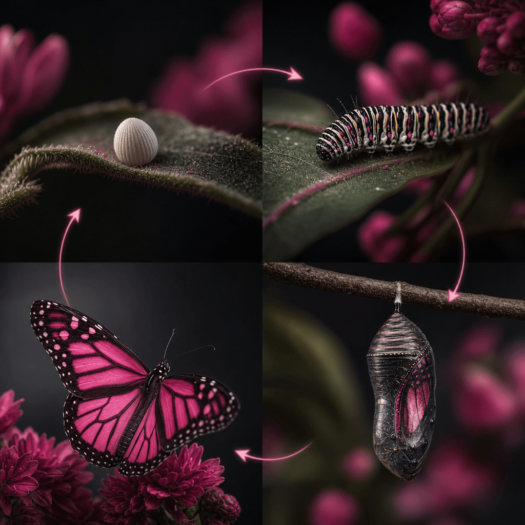 A square visual breakdown of a butterfly life cycle, showing egg, caterpillar, chrysalis, and butterfly as four connecte