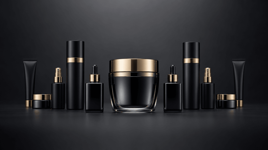 Cinematic wide brand campaign shot: a hero beauty product centered on a seamless deep charcoal gradient surface, flanked