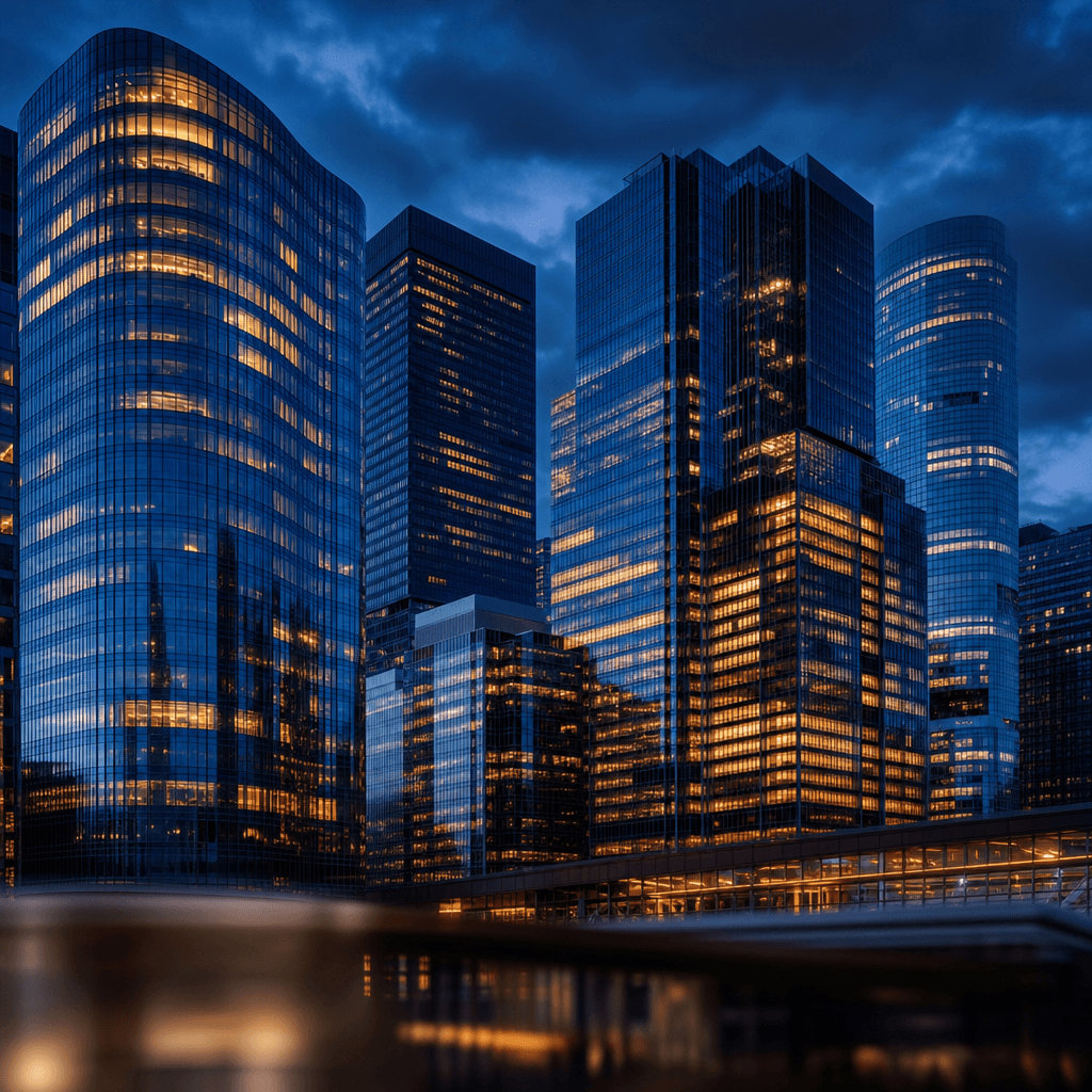Cinematic corporate skyline at blue hour, glass towers with warm amber interior light against deep indigo sky, dark edit