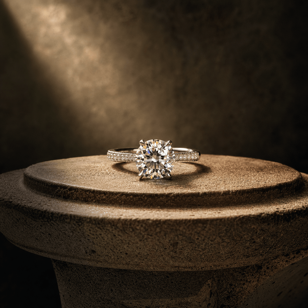 Diamond engagement ring on stone pedestal with dramatic spotlighting, gemstone catching and reflecting warm light, luxur
