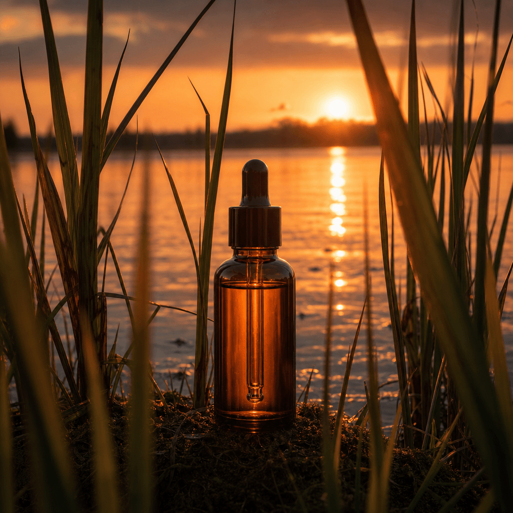 A dark amber serum bottle standing upright among tall lake reeds at sunset, long golden reflections stretching across st