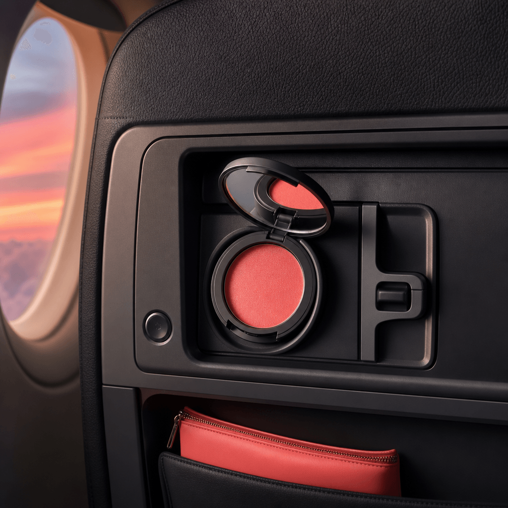 Playful beauty travel campaign built around a compact makeup case mounted within a contemporary airplane seatback compos