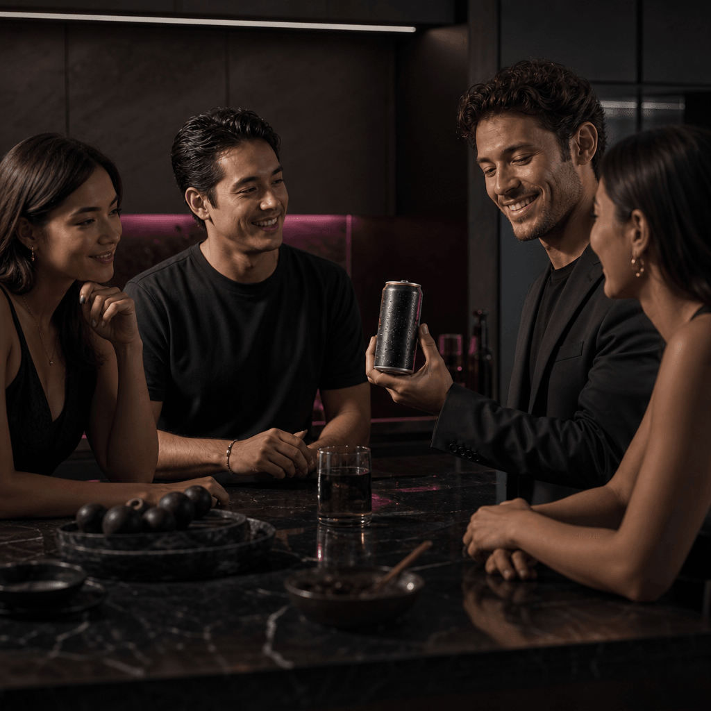 Close friends seated at a dark kitchen island while one presents a premium beverage can to the group. Supportive express