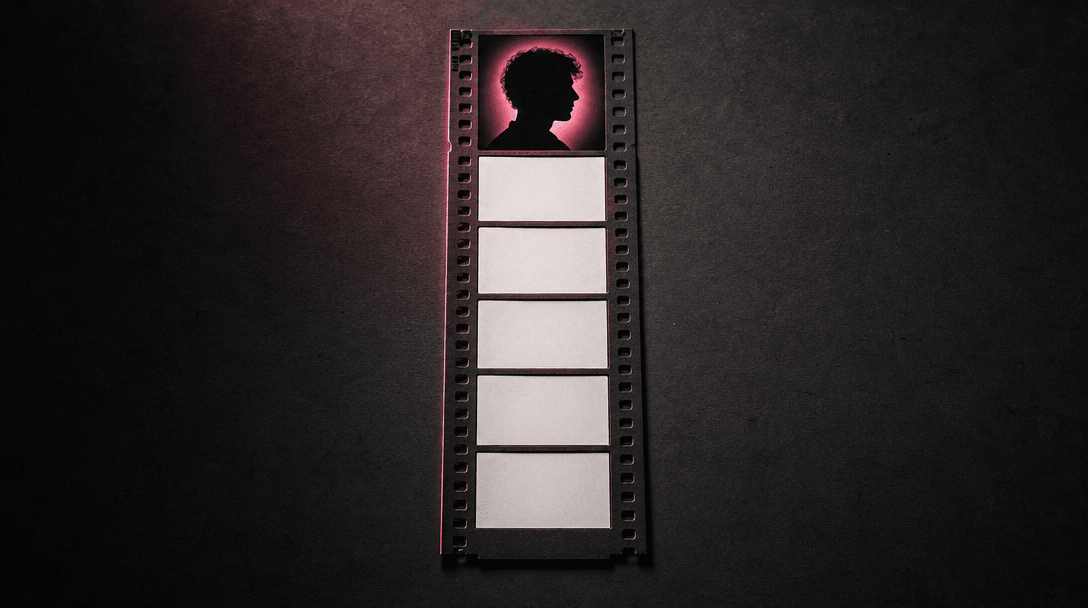 Six blank photographic frames emerging sequentially from a single illuminated portrait silhouette, arranged as one verti