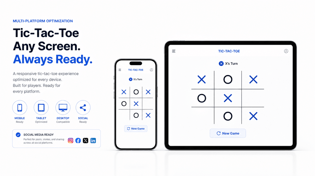 Digital presentation mockup showing tic-tac-toe grid layout on smartphone and tablet screens, representing multi-platfor