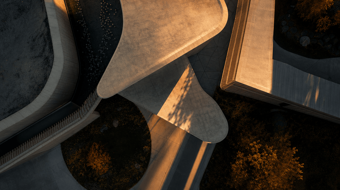 Abstract cinematic aerial view looking straight down at dramatic roof geometry — curved concrete forms and cantilevered 