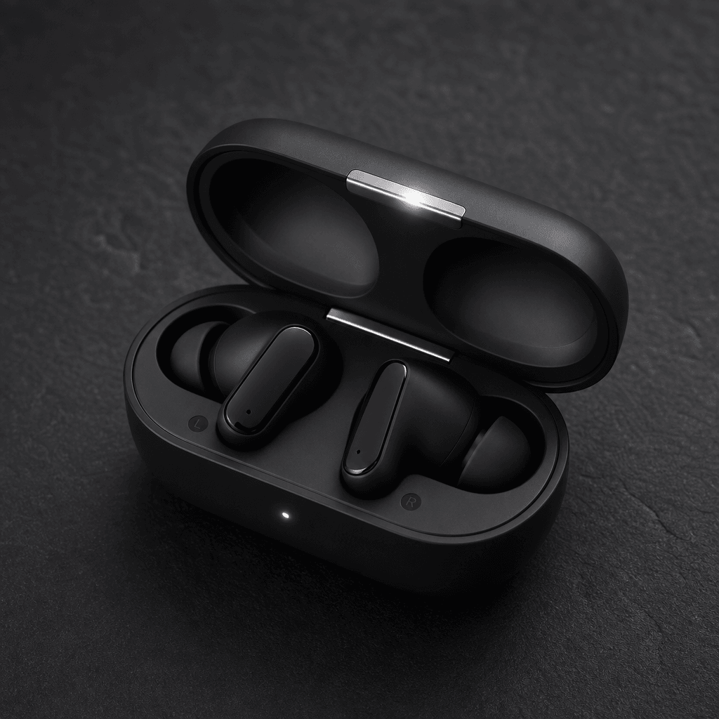 Modern wireless earbuds resting in their open charging case on a dark textured surface, soft diffused studio lighting wi